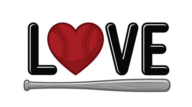 Bold typography love design featuring a textured red baseball heart and wooden grey sports bat