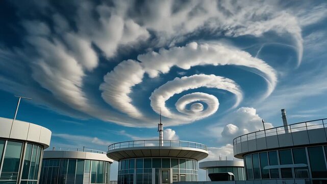 Surreal Spiral Clouds Over Modern Architecture, Sky Phenomenon