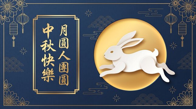 Paper cut style white rabbit jumping in front of a golden full moon on a dark blue background with background traditional gold