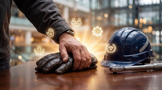 Worker hand resting on leather glove near blue helmet and wrench on wooden table surface with surface glowing icons construction maintenance protection background profession