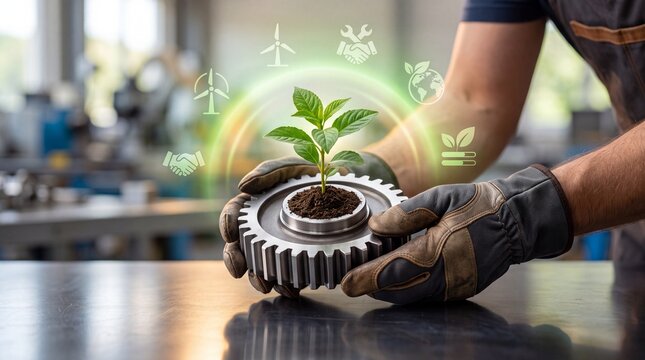 Worker hands holding metal gear with small plant and green holographic technology icons in industrial workshop with sustainability symbols workshop mechanical gear growing