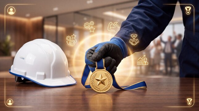 A construction worker in gloves holding a gold medal beside a white hard hat on table with gloved hand holding wooden desk office professional productivity achievement with recognition