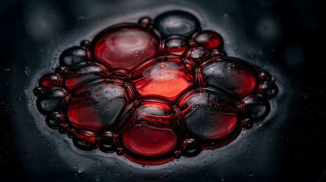Abstract macro photography of red liquid bubbles | Blood cells microscopic artistic representation | Dark aesthetic fluid texture background | Scientific concept of cell division and molecular biology