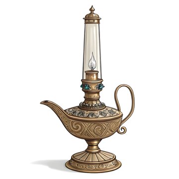 Antique brass oil lamp with lit flame on green base