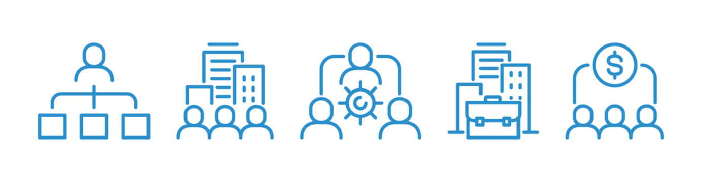 Collection of business management icons drawn with blue line on white background, set of corporate hierarchy and organization structure symbols, finance concept illustration.