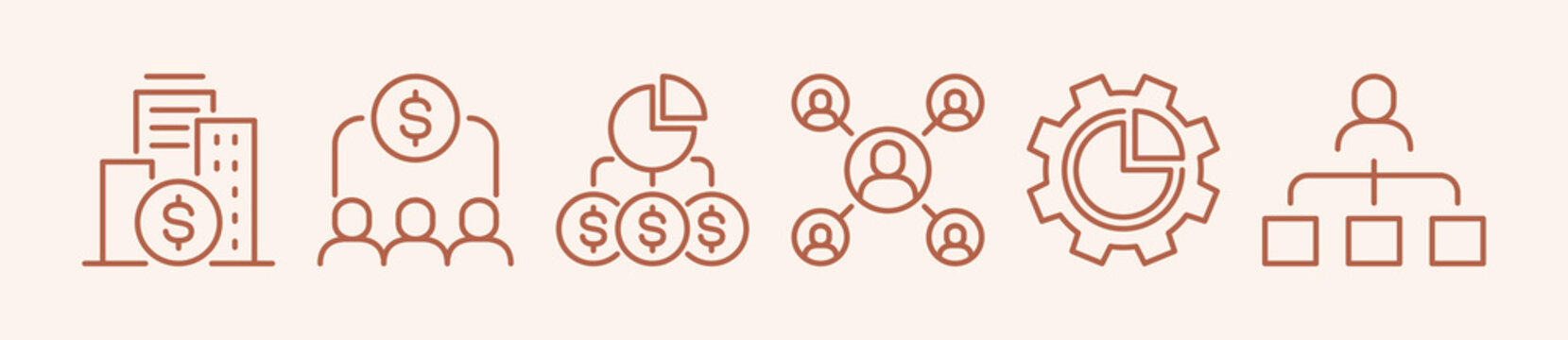 Corporate management icon collection drawn with thin orange line on white background, business hierarchy and organization structure symbols, finance concept illustration.