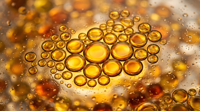 Golden oil drops in water abstract | Macro photography of amber liquid bubbles | Yellow oil spheres on water surface background