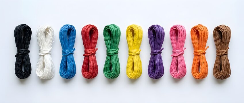 Colorful paper string bundles arranged in a row on a white background.