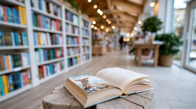 A close-up view of an open book showcasing beautiful illustrations, set on a wooden table in a cozy bookstore adorned with colorful shelves and ambient lighting.