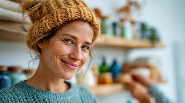A smiling woman with a cozy beanie stands in front of delicate home decor items, radiating warmth and inviting positivity into a serene and stylish living space.