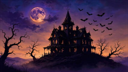 Fototapeta premium Haunted castle silhouette under full moon and bats