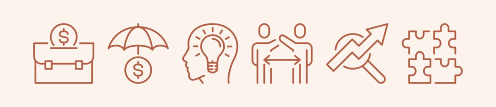 Career insurance and business idea icon set, briefcase symbol, mindset development and negotiation agreement symbols, growth analysis pictograms for financial consulting illustration.
