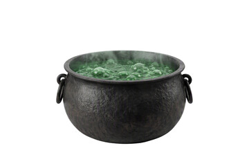 Witch cauldron with green potion isolated PNG, black cast iron kettle boiling magic poison on transparent background, halloween witchcraft element © Bright Stock