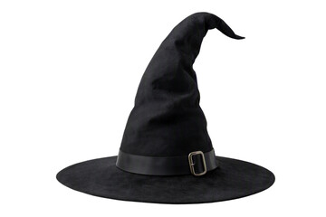 Classic black witch hat isolated PNG, pointed wizard hat with belt and buckle on transparent background, halloween costume accessory © Bright Stock