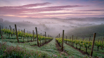 Obraz premium Vineyard rows covered in early morning frost