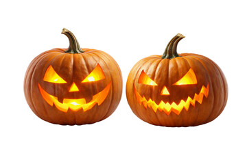 Halloween jack o lanterns pair isolated PNG, two smiling carved glowing pumpkins on transparent background, autumn festive decorations © Bright Stock