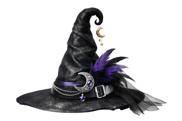 Luxury witch hat isolated PNG, dark pointed hat decorated with purple feathers moon brooch and chains on transparent background, fantasy costume accessory © Bright Stock