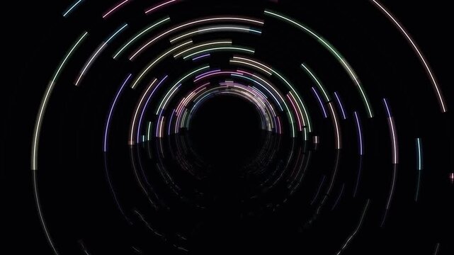 Procedural Art. Backgrounds, web design, digital art projects. Vibrant neon lights in circular shapes, glowing colors in a dark void.