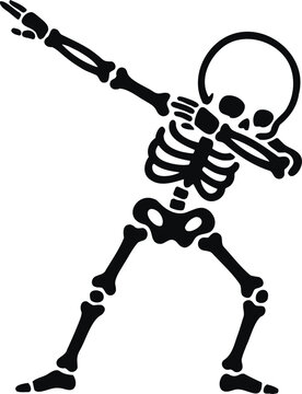 Playful cartoon skeleton character performing the popular dab dance pose ideal for halloween themed graphics and designs on a clear transparent backdrop