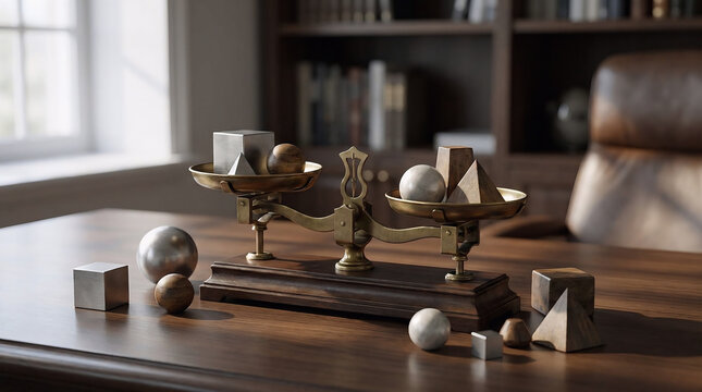 A vintage brass balance scale with various geometric shapes on an office desk, representing a conceptual rating system visuals for business evaluation