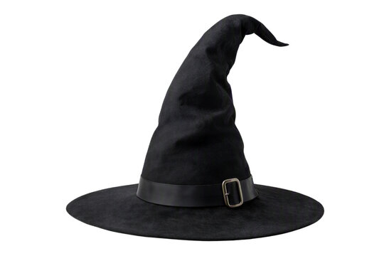 Classic black witch hat isolated PNG, pointed wizard hat with belt and buckle on transparent background, halloween costume accessory
