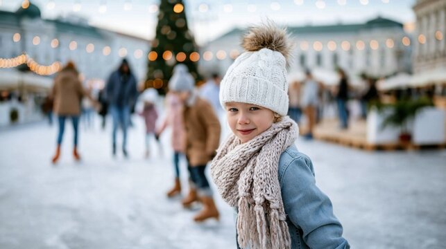 A young child in a cozy winter outfit enjoys ice skating in a beautiful outdoor setting with a Christmas tree in the background and joyful skaters all around.