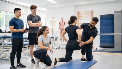 Obraz premium Physiotherapy Students Practicing Safe Movement Assessment Under Instructor Supervision, Rehabilitation Education and Correct Body Mechanics Concept
