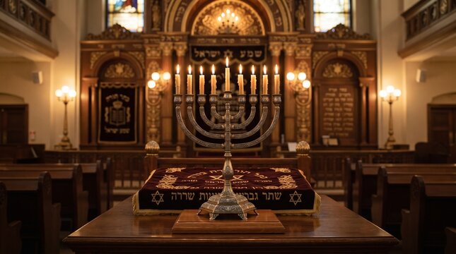 Interior of a traditional synagogue decorated for Hanukkah with a lit menorah on the altar