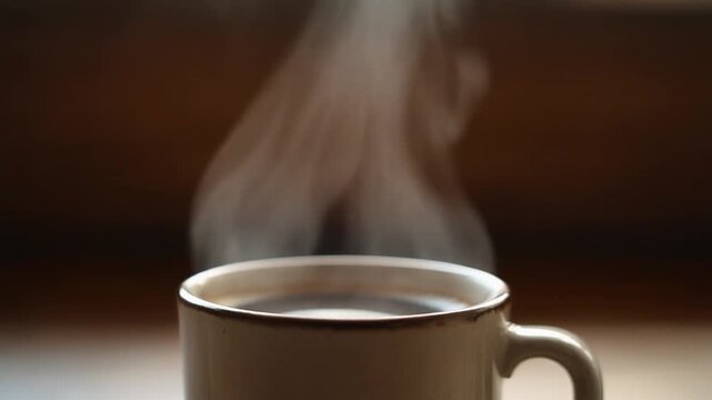 A steaming white ceramic mug filled with fresh hot coffee on a wooden table.