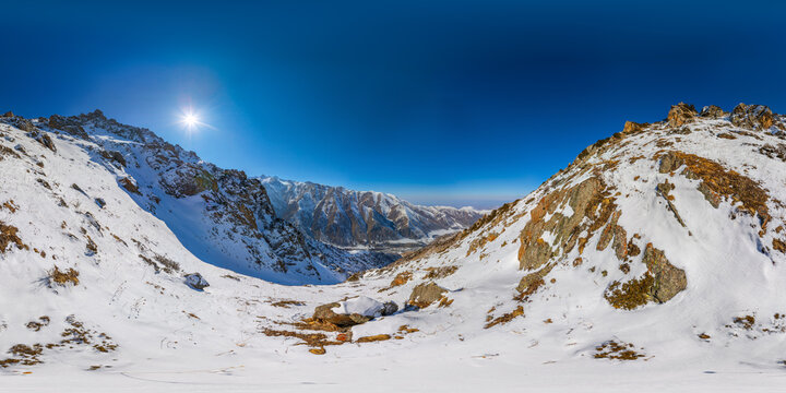 360-Degree Panorama of Snow-Covered Mountains in Kyrgyzstan