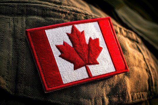 Canada flag patch embroidered on tactical gear with golden hour lighting in a macro shot for patriotic marketing