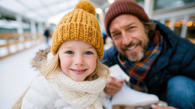 A playful moment captures a smiling child and her dad at the ice rink, showcasing joy and connection amidst the vibrant winter sports atmosphere.