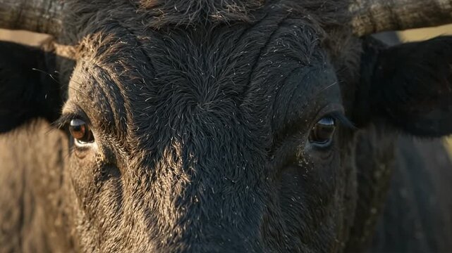 Close up of a powerful black bull face with dark eyes and horns in a sunlit field setting