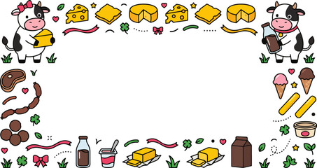Fototapeta premium Cartoon Dairy Cow Milk and Cheese Products Border Frame