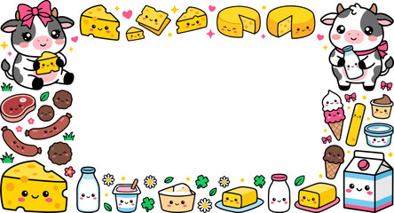 Fototapeta premium Kawaii Dairy Farm Theme Frame with Cute Cow and Cheese Icons