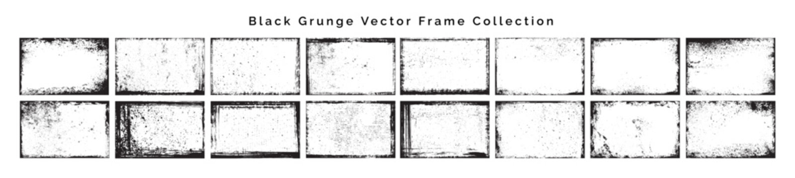 Black Grunge Vector Frame Collection, Distressed Rectangular Border and Photo Overlay Set