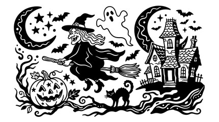 Obraz premium Black and white illustration of a witch on a broomstick flying past a house.