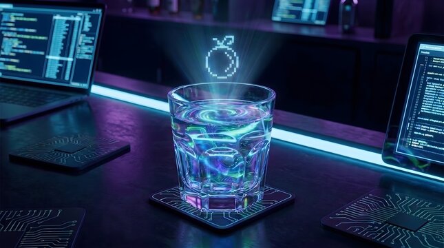 Smart nutrition biohacking concept showing glowing digital liquid glass on computer microchip coaster