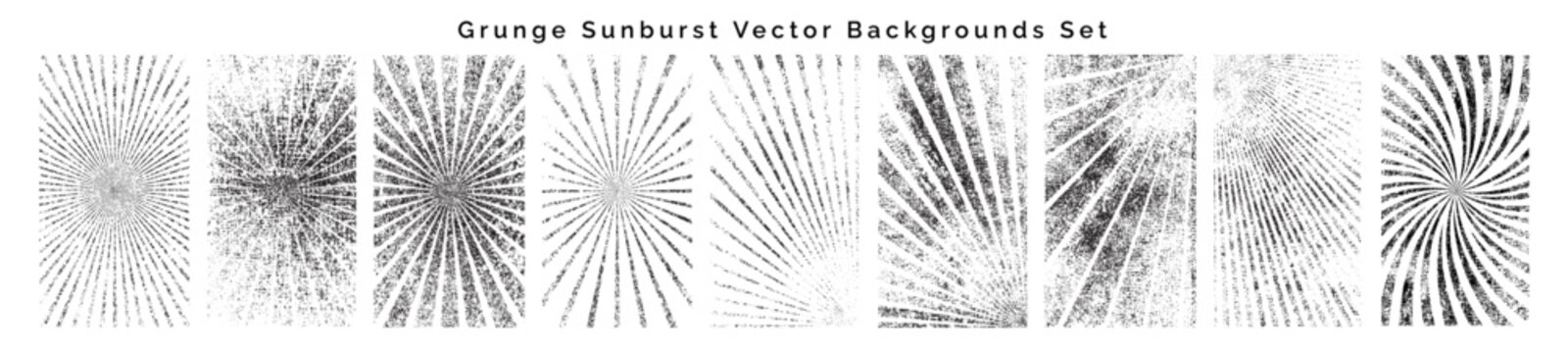 Grunge Sunburst Vector Backgrounds Set, Distressed Retro Radial Rays and Spiral Poster Overlays