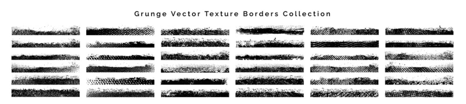 Grunge Vector Texture Borders Collection, Black Distressed Rectangular Halftone Banners Set