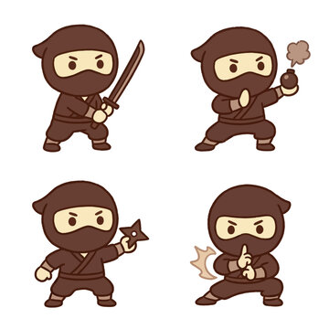 Cute ninja characters in different action poses