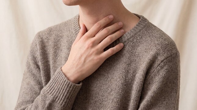 Person wearing brown knitted sweater resting hand gently near throat against neutral soft fabric background with captures close view