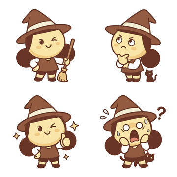 Four cartoon witch characters with different facial expressions and poses