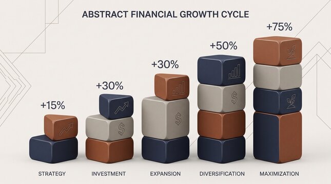Abstract financial growth cycle infographic with stacked colorful blocks representing business progress stages with percentages icons with illustrate financial