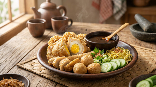 Pempek Palembang traditional Indonesian fish cake dish with egg and spicy vinegar sauce
