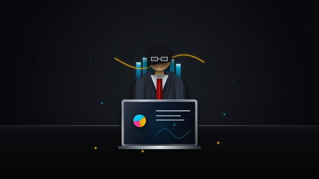 Businessman using virtual reality goggles for data analysis with laptop showing charts on a dark background
