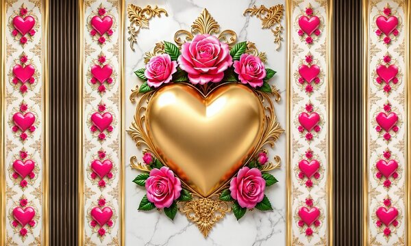 3D Luxury Golden Heart Wall Mural with Pink Roses and White Marble Frame