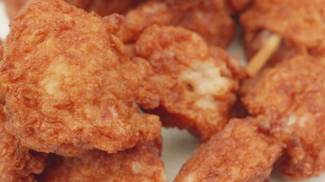 Chicken satay marinade skewer macro close up presentation slowly rotating stock footage