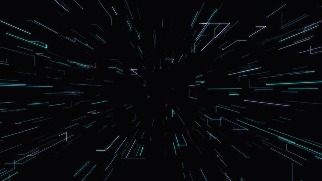 Procedural Art. Glowing cyan light streaks in warp speed create a cyber space grid effect. Ideal for technology, scifi, and futuristic concepts.