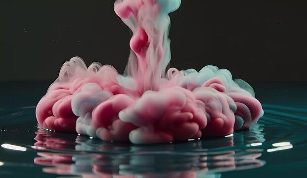 Pink and blue ink clouds swirling on dark water surface